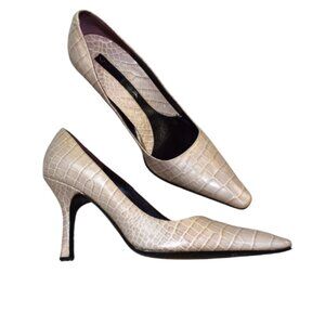 Via Spiga Beige Croc Embossed Stiletto Pumps Size 8 Square Toe Heels